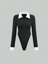 Women's Bodysuit Street Style Sexy Polo Collar Fitted Top, Contrasting Retro High-End Long Sleeve Undershirt